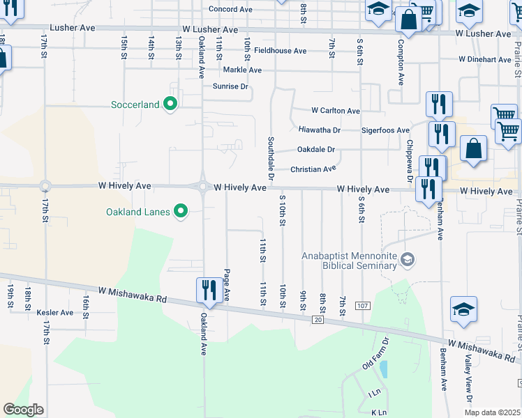 map of restaurants, bars, coffee shops, grocery stores, and more near 1001 West Hively Avenue in Elkhart