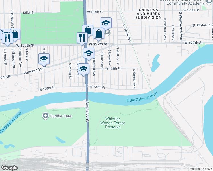 map of restaurants, bars, coffee shops, grocery stores, and more near 703 West 129th Place in Chicago