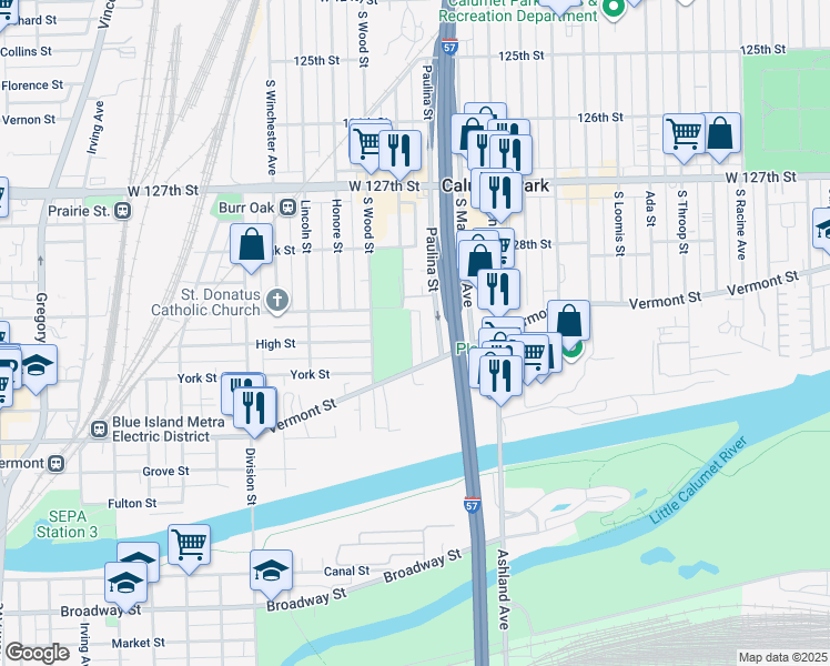 map of restaurants, bars, coffee shops, grocery stores, and more near 1732 Vermont Street in Blue Island
