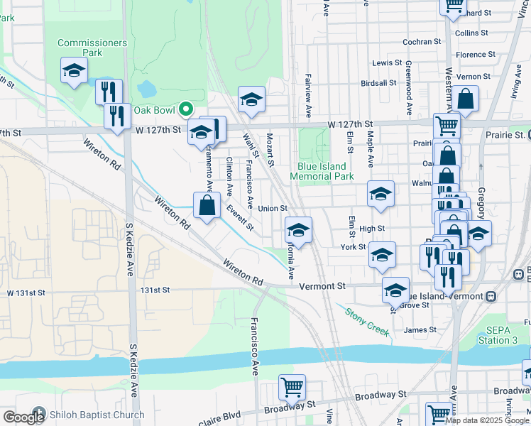 map of restaurants, bars, coffee shops, grocery stores, and more near 12928 Mozart Street in Blue Island