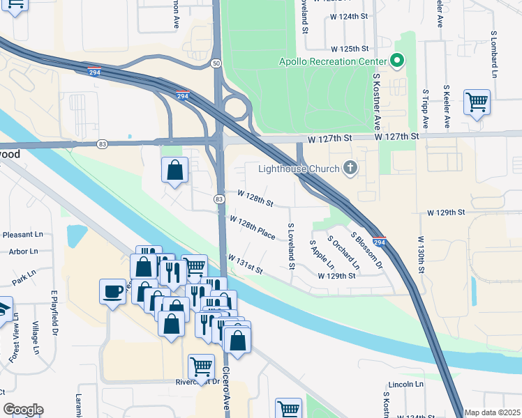 map of restaurants, bars, coffee shops, grocery stores, and more near 4714 West 128th Place in Alsip