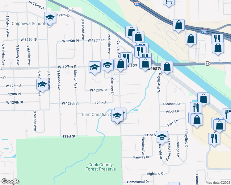 map of restaurants, bars, coffee shops, grocery stores, and more near 12822 Carriage Lane in Crestwood