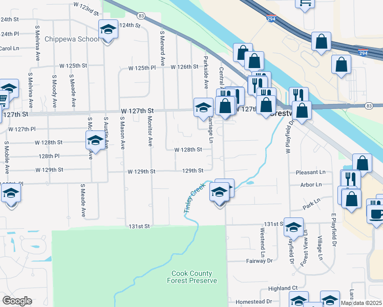 map of restaurants, bars, coffee shops, grocery stores, and more near 5720 129th Street in Crestwood