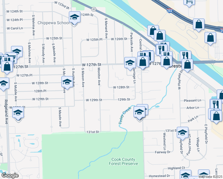 map of restaurants, bars, coffee shops, grocery stores, and more near 12817 Hill Drive in Crestwood