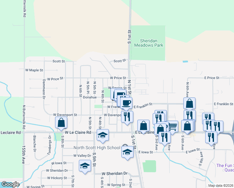 map of restaurants, bars, coffee shops, grocery stores, and more near in Eldridge
