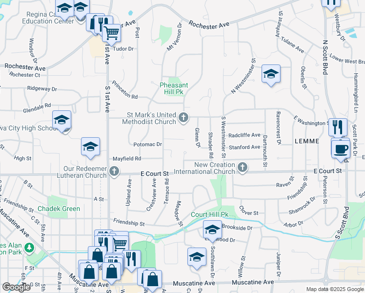 map of restaurants, bars, coffee shops, grocery stores, and more near 217-225 Linden Court in Iowa City