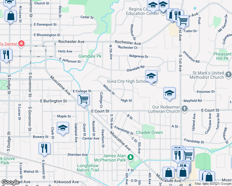 map of restaurants, bars, coffee shops, grocery stores, and more near 1735 Wilson Street in Iowa City
