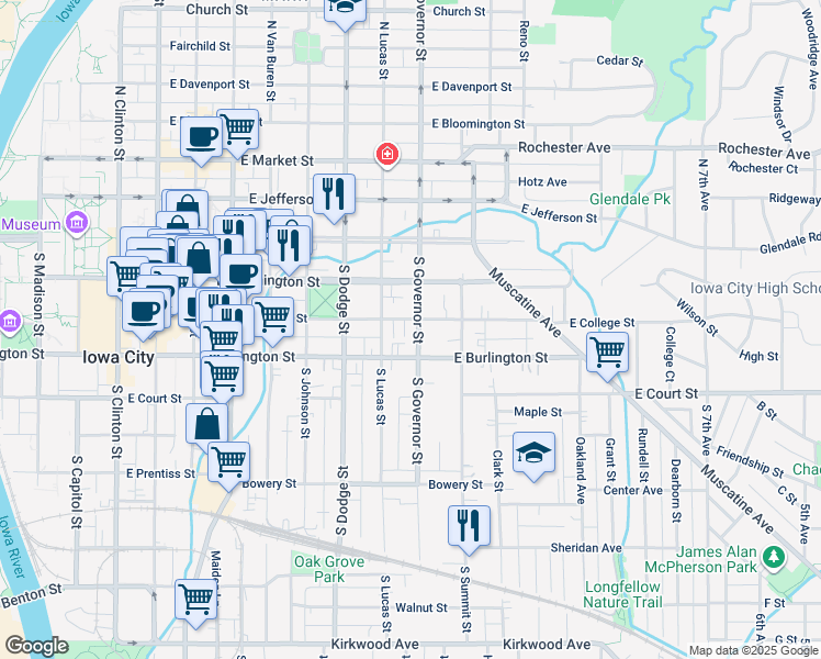 map of restaurants, bars, coffee shops, grocery stores, and more near 250 South Governor Street in Iowa City