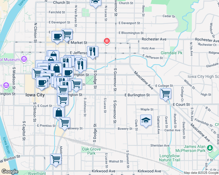 map of restaurants, bars, coffee shops, grocery stores, and more near 230 South Lucas Street in Iowa City