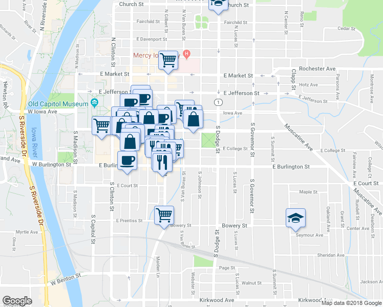 map of restaurants, bars, coffee shops, grocery stores, and more near 504 East Burlington Street in Iowa City