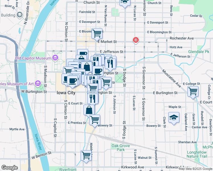 map of restaurants, bars, coffee shops, grocery stores, and more near 504 East Burlington Street in Iowa City