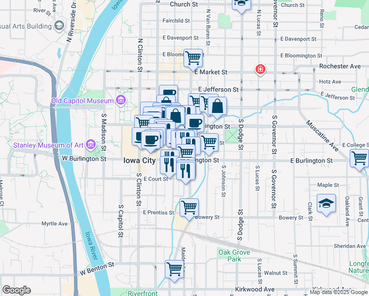 map of restaurants, bars, coffee shops, grocery stores, and more near in Iowa City