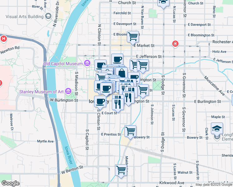 map of restaurants, bars, coffee shops, grocery stores, and more near 304 Historic US 6 in Iowa City