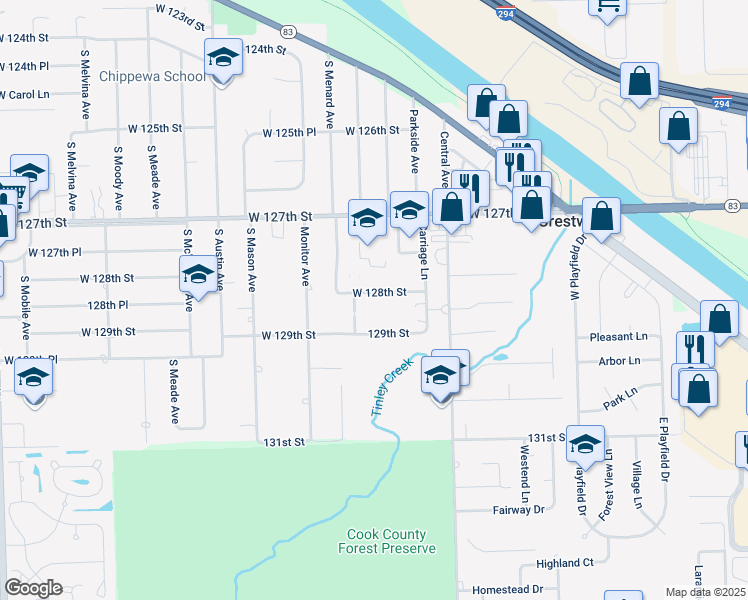 map of restaurants, bars, coffee shops, grocery stores, and more near 5720 129th Street in Crestwood