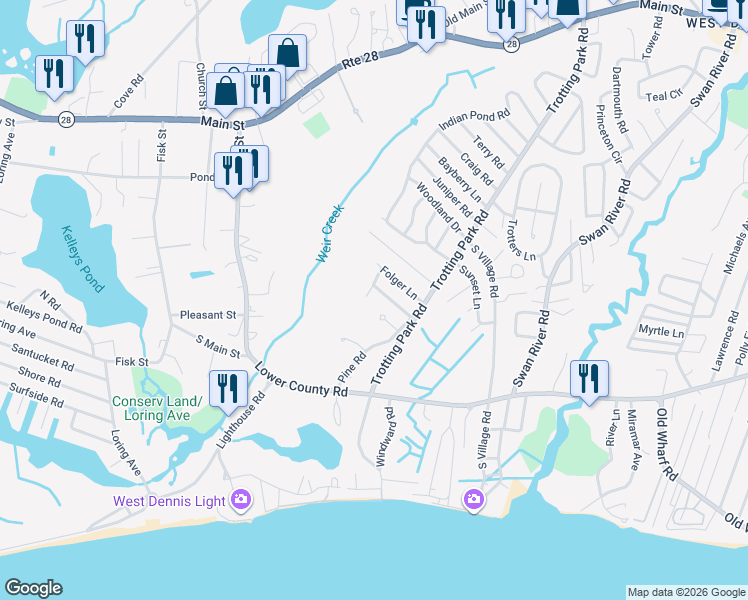 map of restaurants, bars, coffee shops, grocery stores, and more near 25 Bevins Court in Dennis