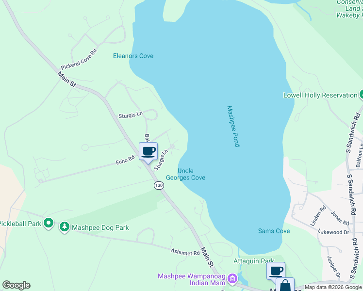 map of restaurants, bars, coffee shops, grocery stores, and more near 23 Sturgis Lane in Mashpee