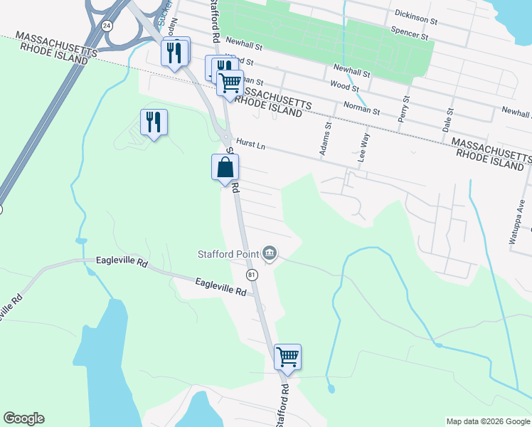 map of restaurants, bars, coffee shops, grocery stores, and more near 42 Sheldon Street in Tiverton