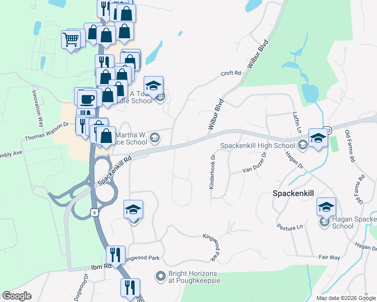 map of restaurants, bars, coffee shops, grocery stores, and more near 6 Flower Hill Road in Poughkeepsie