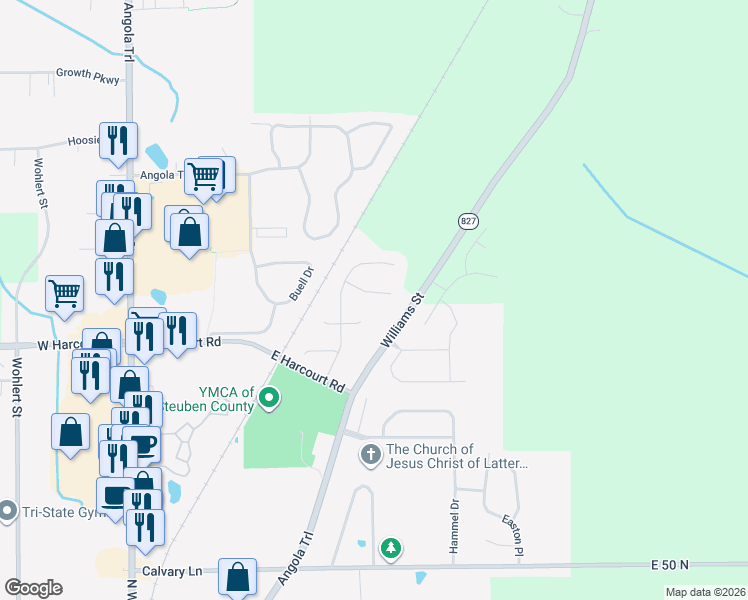 map of restaurants, bars, coffee shops, grocery stores, and more near 1055 Indiana 827 in Angola