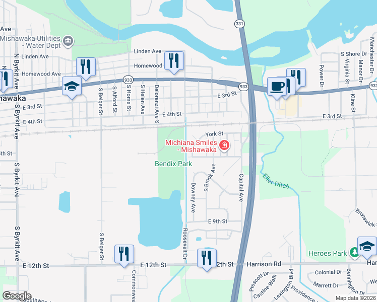 map of restaurants, bars, coffee shops, grocery stores, and more near 2201 E 5th St in Mishawaka