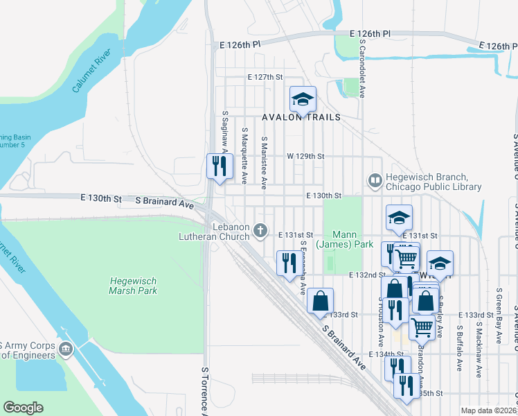map of restaurants, bars, coffee shops, grocery stores, and more near 13041 South Marquette Avenue in Chicago