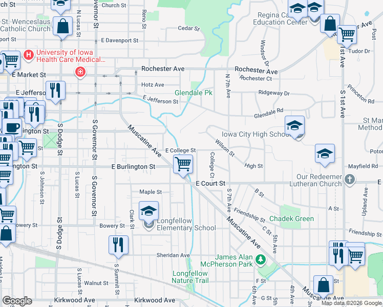 map of restaurants, bars, coffee shops, grocery stores, and more near 231 Fairview Avenue in Iowa City