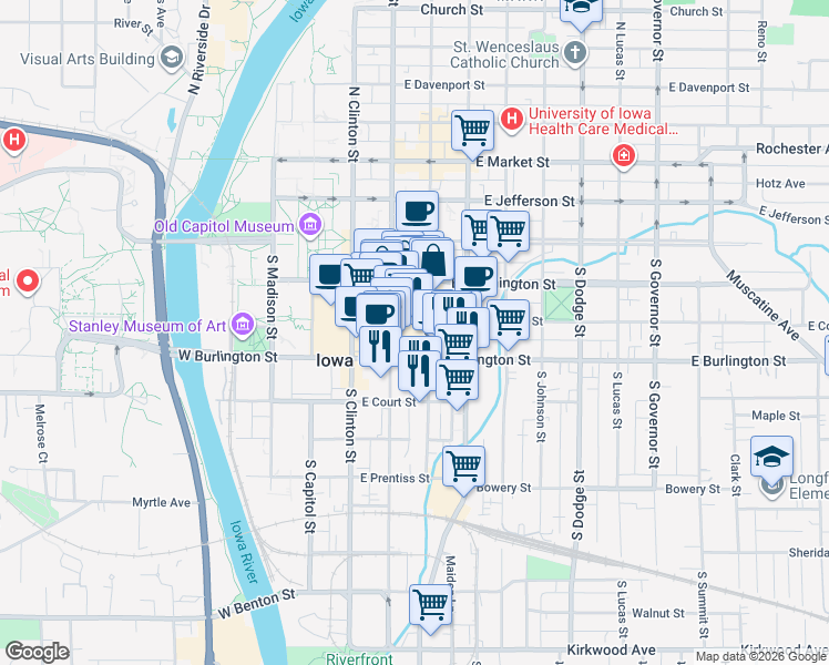 map of restaurants, bars, coffee shops, grocery stores, and more near 304 Historic US 6 in Iowa City