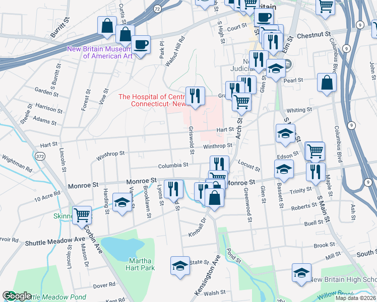 map of restaurants, bars, coffee shops, grocery stores, and more near 108 Winthrop Street in New Britain