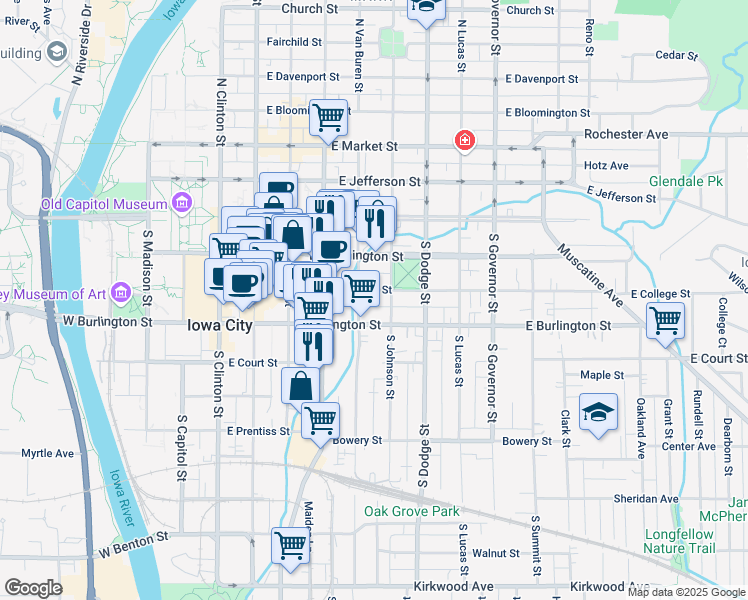 map of restaurants, bars, coffee shops, grocery stores, and more near 522 East Burlington Street in Iowa City