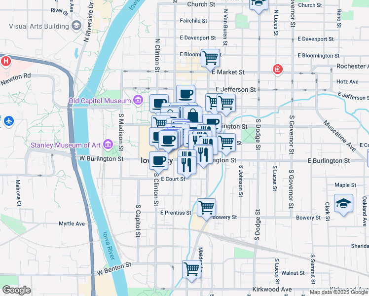 map of restaurants, bars, coffee shops, grocery stores, and more near 304 Historic US 6 in Iowa City