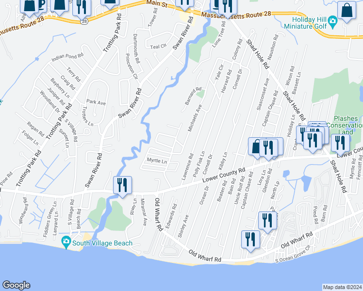 map of restaurants, bars, coffee shops, grocery stores, and more near 29 Nipigon Way East in Dennis