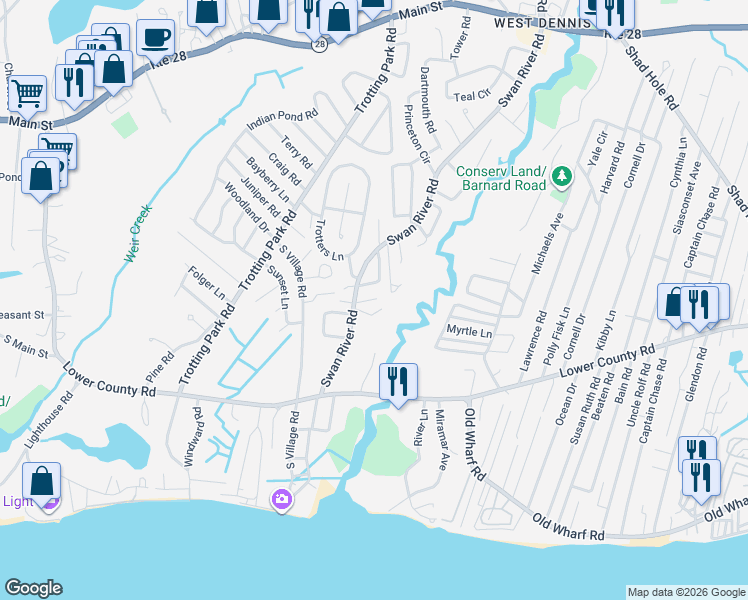 map of restaurants, bars, coffee shops, grocery stores, and more near 38 Swan River Road in Dennis