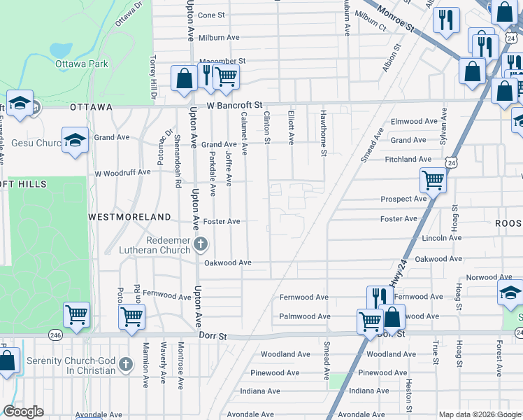 map of restaurants, bars, coffee shops, grocery stores, and more near 1831 Clinton Street in Toledo