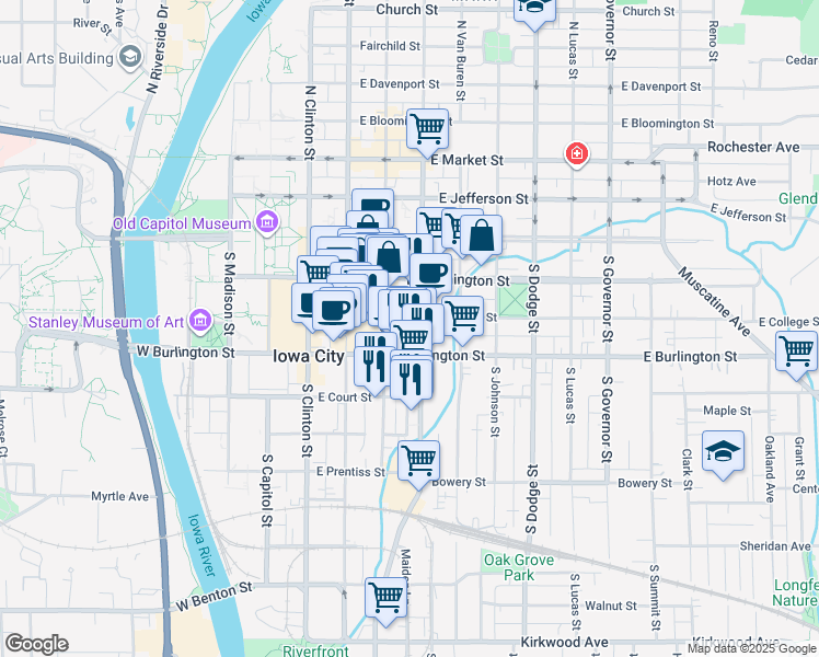 map of restaurants, bars, coffee shops, grocery stores, and more near 325 East College Street in Iowa City