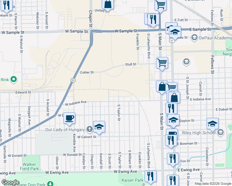 map of restaurants, bars, coffee shops, grocery stores, and more near 1555-1599 South Taylor Street in South Bend
