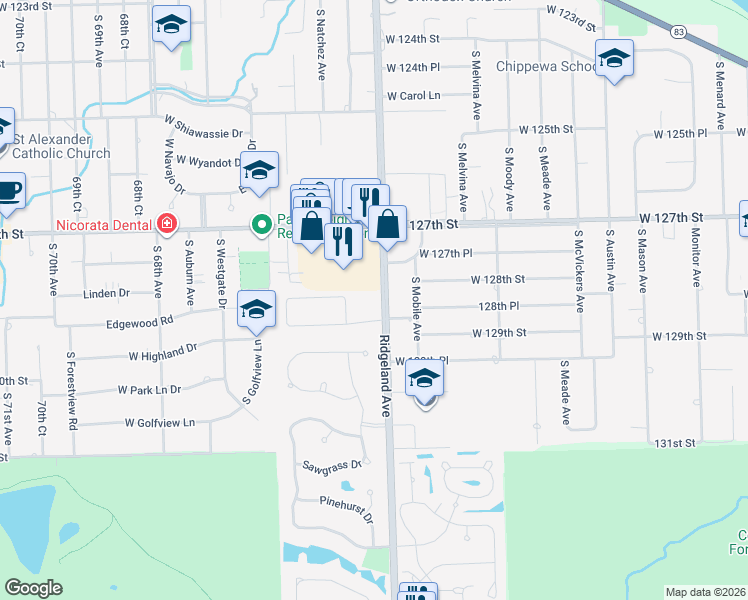 map of restaurants, bars, coffee shops, grocery stores, and more near 6414 Fox Lane in Palos Heights
