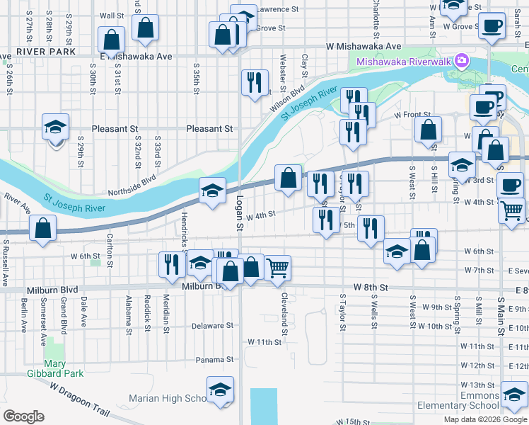 map of restaurants, bars, coffee shops, grocery stores, and more near 172 Harrison Street in Mishawaka
