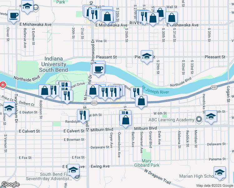 map of restaurants, bars, coffee shops, grocery stores, and more near 2508 Lincolnway West in Mishawaka