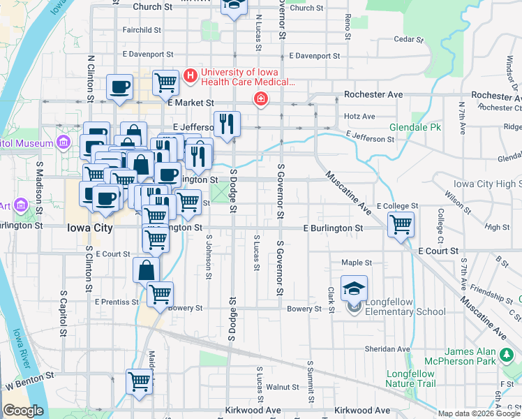 map of restaurants, bars, coffee shops, grocery stores, and more near 803 East College Street in Iowa City