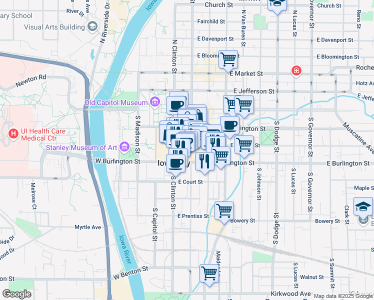 map of restaurants, bars, coffee shops, grocery stores, and more near 125 East College Street in Iowa City