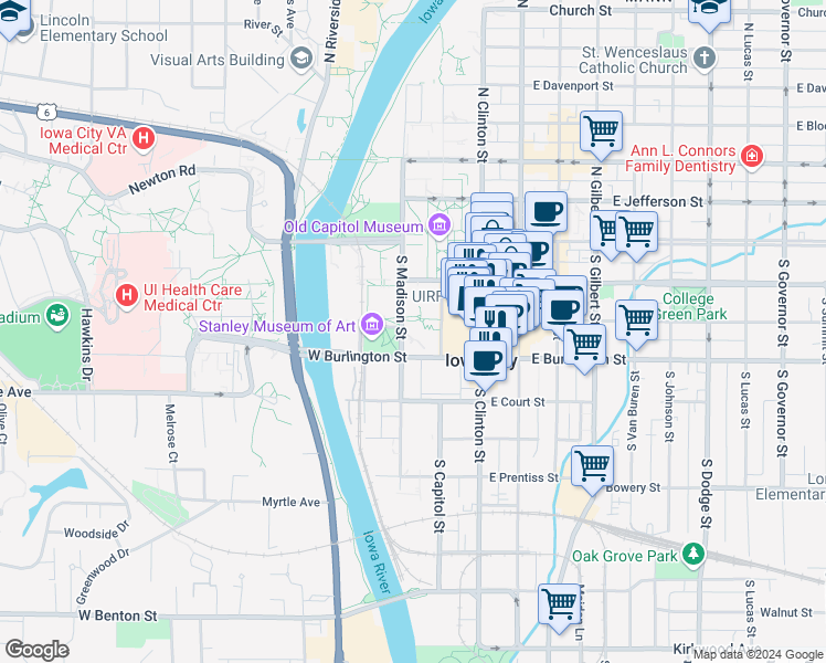 map of restaurants, bars, coffee shops, grocery stores, and more near 240 South Madison Street in Iowa City