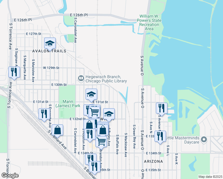 map of restaurants, bars, coffee shops, grocery stores, and more near 13039 South Burley Avenue in Chicago