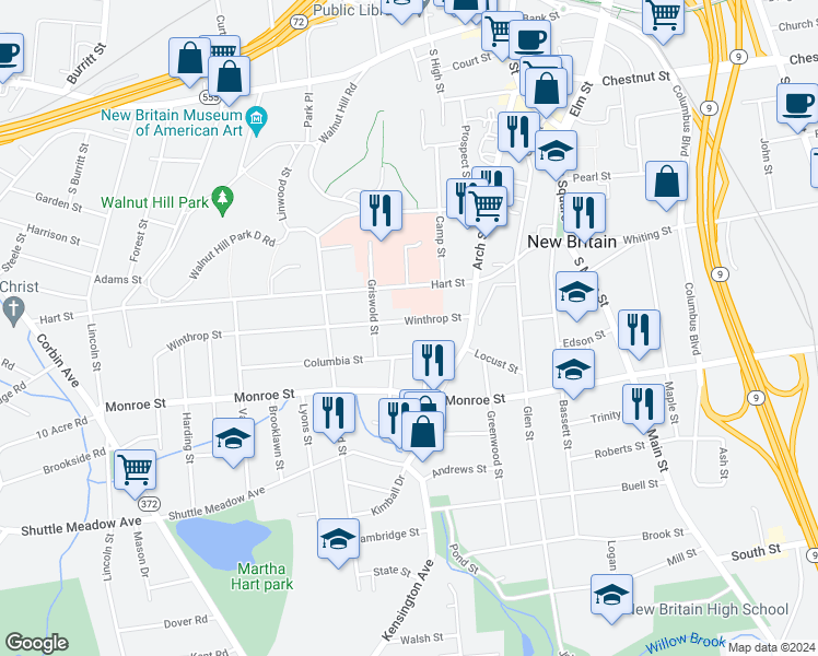 map of restaurants, bars, coffee shops, grocery stores, and more near 61 Columbia Street in New Britain