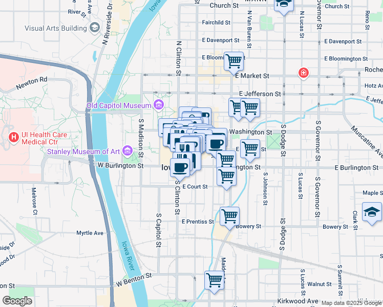 map of restaurants, bars, coffee shops, grocery stores, and more near 125 East College Street in Iowa City