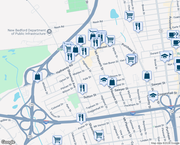 map of restaurants, bars, coffee shops, grocery stores, and more near 363 Highland Street in New Bedford