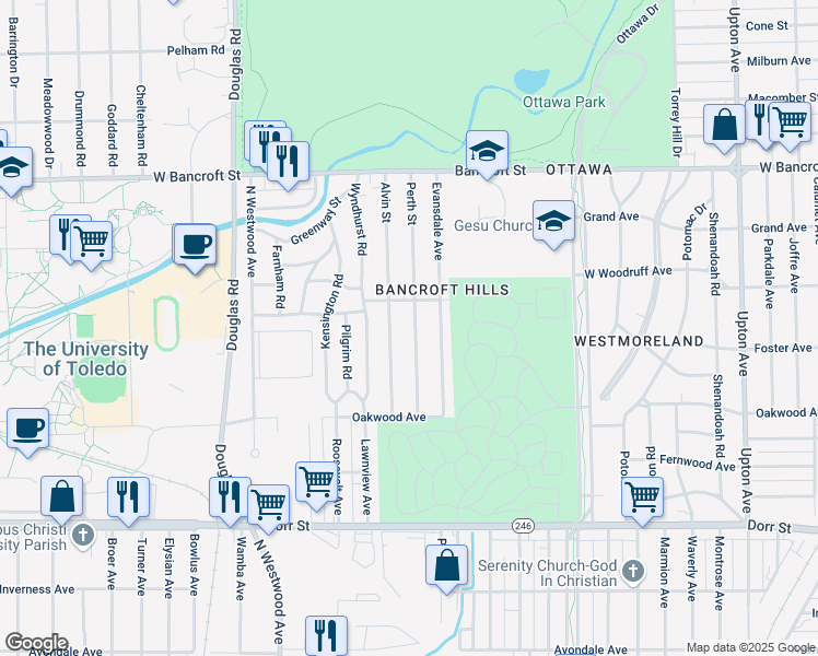 map of restaurants, bars, coffee shops, grocery stores, and more near 1915 Perth Street in Toledo