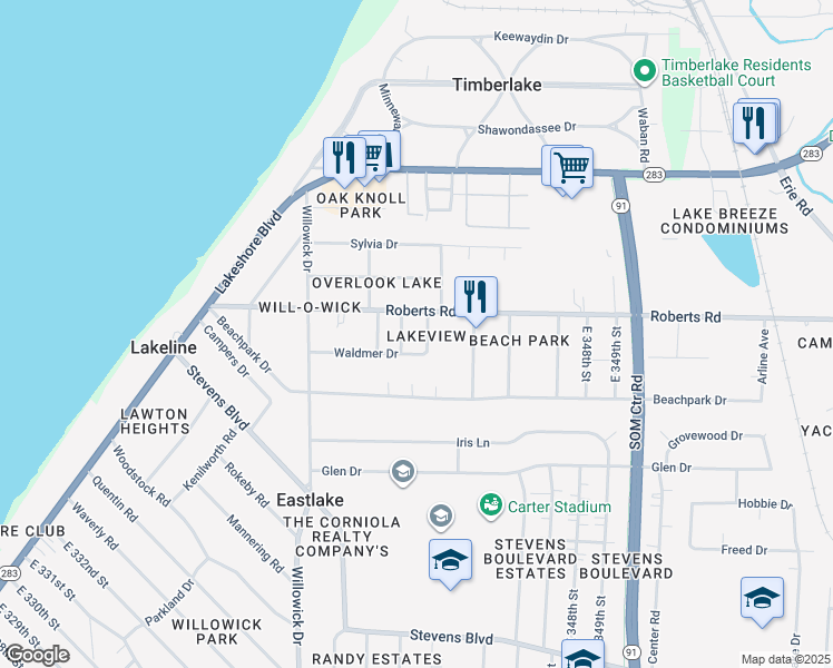 map of restaurants, bars, coffee shops, grocery stores, and more near 34186 Waldmer Drive in Eastlake