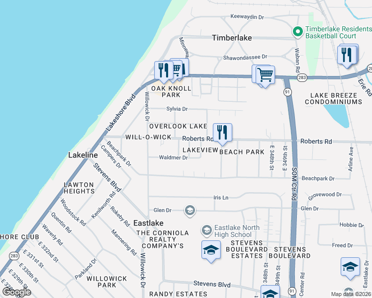 map of restaurants, bars, coffee shops, grocery stores, and more near 34186 Waldmer Drive in Eastlake