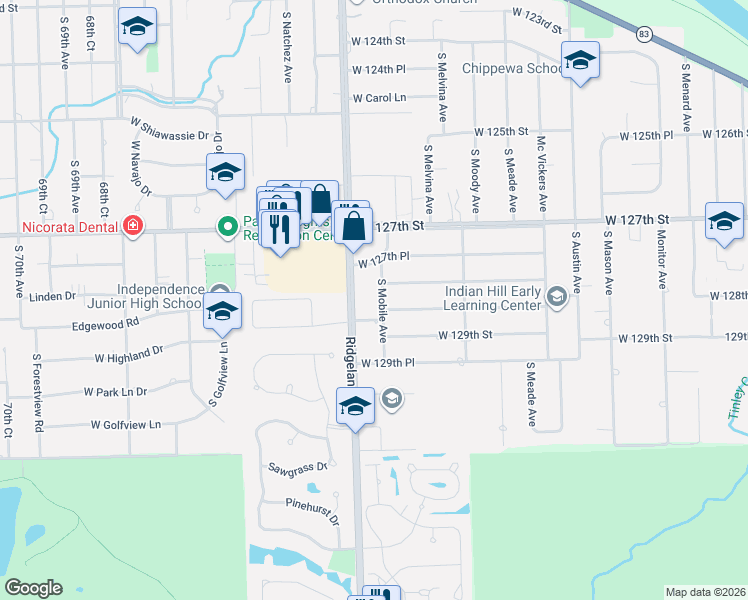 map of restaurants, bars, coffee shops, grocery stores, and more near 6351 128th Place in Palos Heights