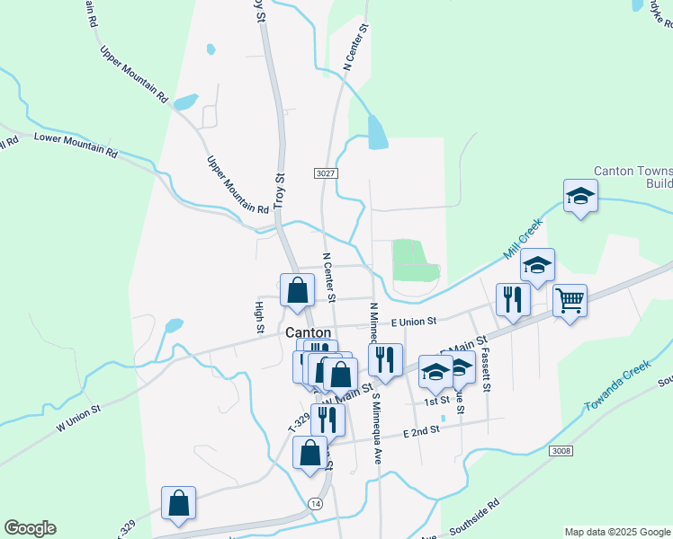 map of restaurants, bars, coffee shops, grocery stores, and more near 318 North Center Street in Canton